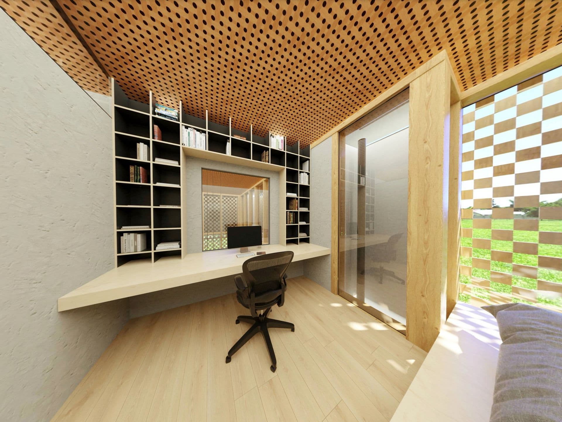 Modernes, minimalistisches Büro mit Holzgitterdecke, schwarzem Stuhl, grossem Einbauregal, breitem Schreibtisch, Fenster mit Schachbrettjalousien und beruhigender Aussicht.